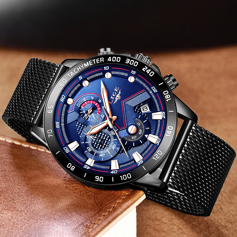 Часы наручные LIGE Мужские кварцевые брендовые Роскошные повседневные