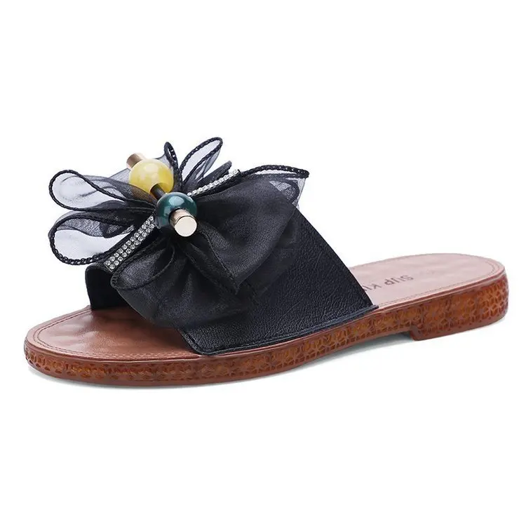 

Beige Heeled Sandals Rubber Slippers Glitter Slides Butterfly-Knot Shoes Slipers Women Lace Black Jelly 2021 Flat Soft Lace-Up S