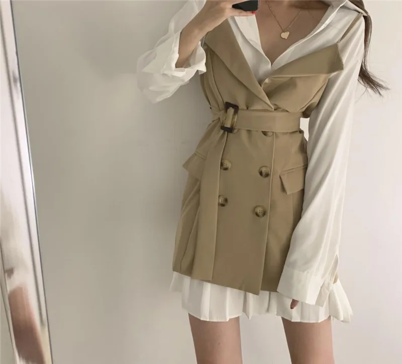 Женский костюм из двух предметов длинная белая рубашка + черная мини юбка на