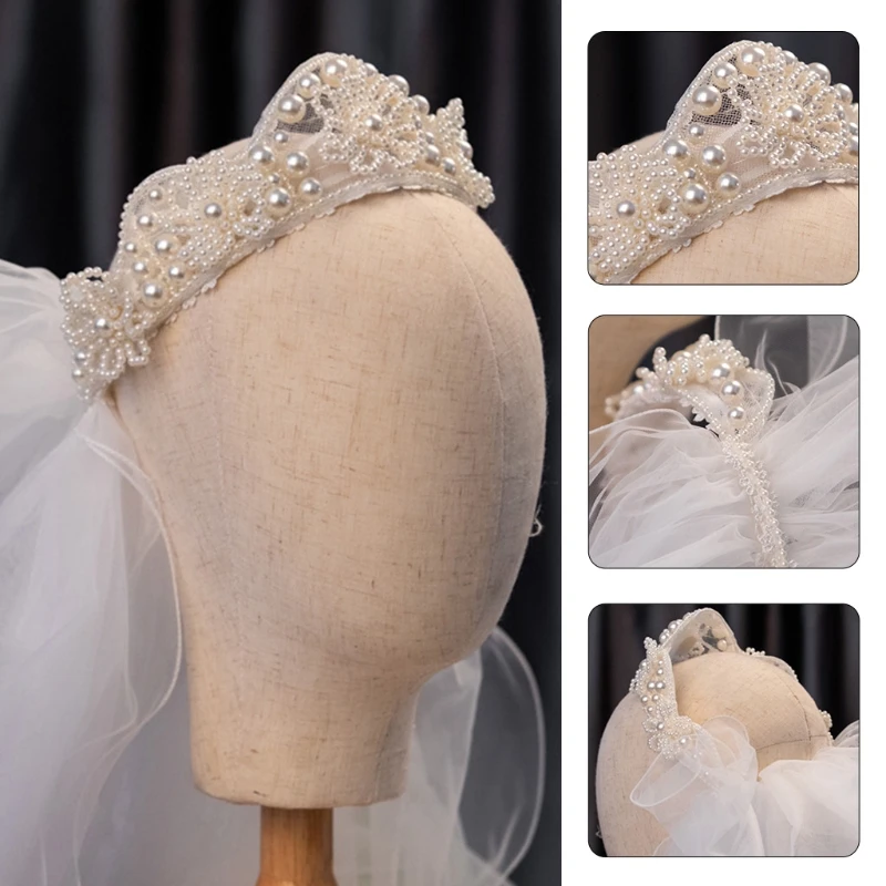 

X7YC Women Princess Tiara with Tulle Wedding Veil Imitation Pearl Beaded Crown Headband Bride Party Prom Hair Jewelry Costume