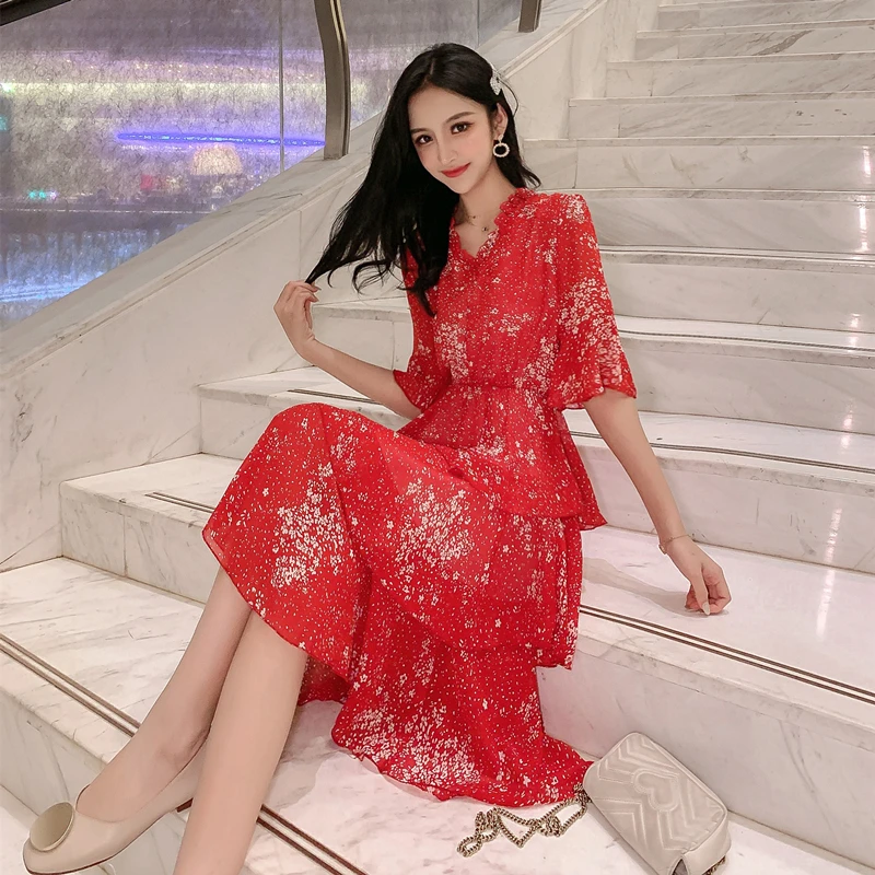Vintage Women A-line White Dress Lace Up Printed Elastic Waist Female Chiffon Cascaded Ruffle Midi 2020 Summer Vestidos | Женская одежда