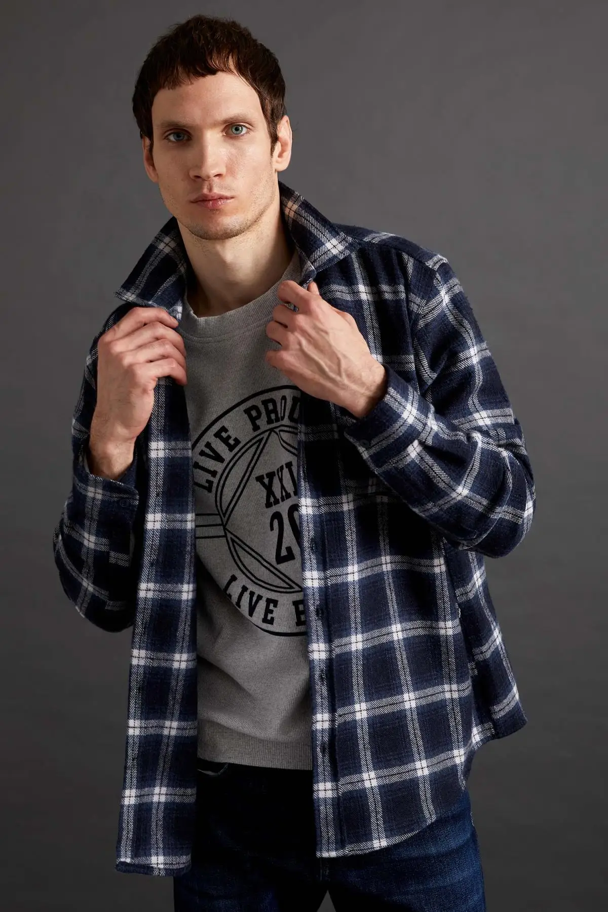 DeFacto зимние мужские рубашки в клетку с длинным рукавом Slim Fit лесоруб трикотажные