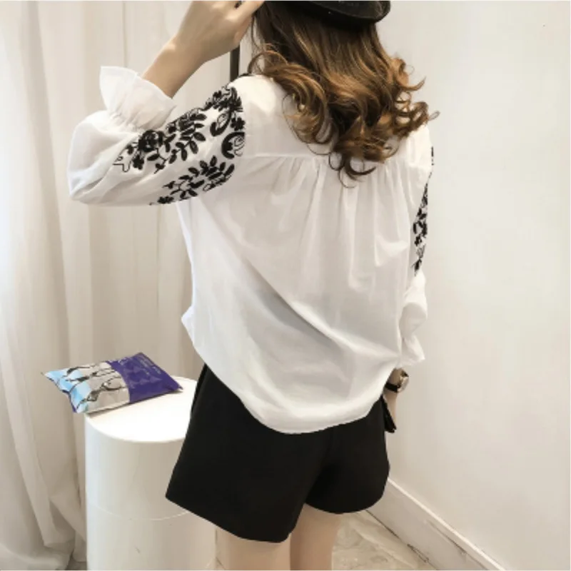 

Ladies Loose Embroidery Flowers Stand Collar White Shirt Female Elegant Casual Long Sleeve Blouse