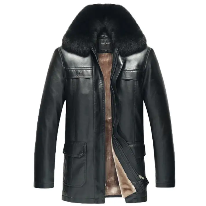 mens leather jacket autumn motorcycle coat men warm jackets Mid-length fur collar clothes winter jaqueta de couro black