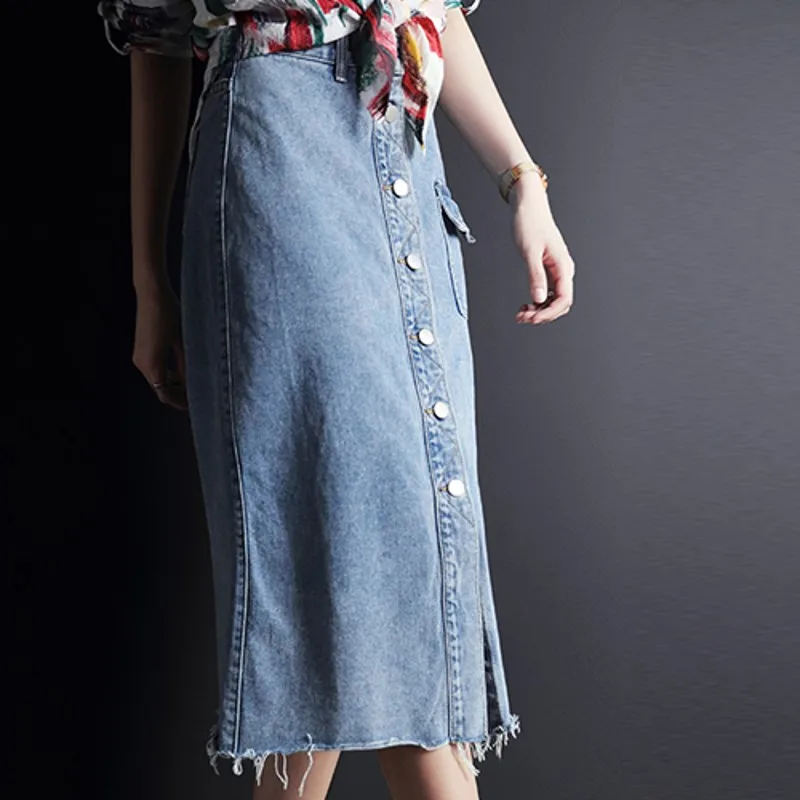 Юбка женская джинсовая с высокой талией однобортная облегающая трапециевидная