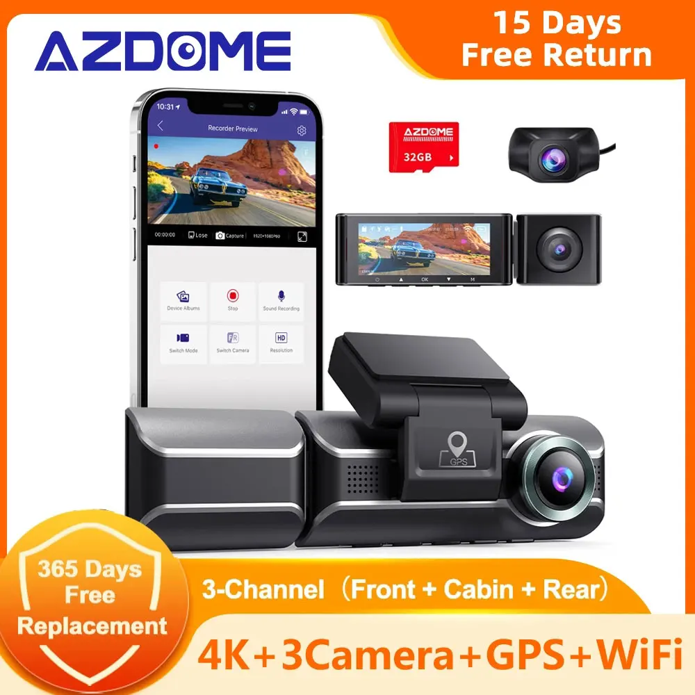 

AZDOME Car DVR 3 Camera 4K +1080 RearCam 800MP Front Inside Rear Bulit-in GPS WiFi Car Dash Camera IR Night Vision APP Control