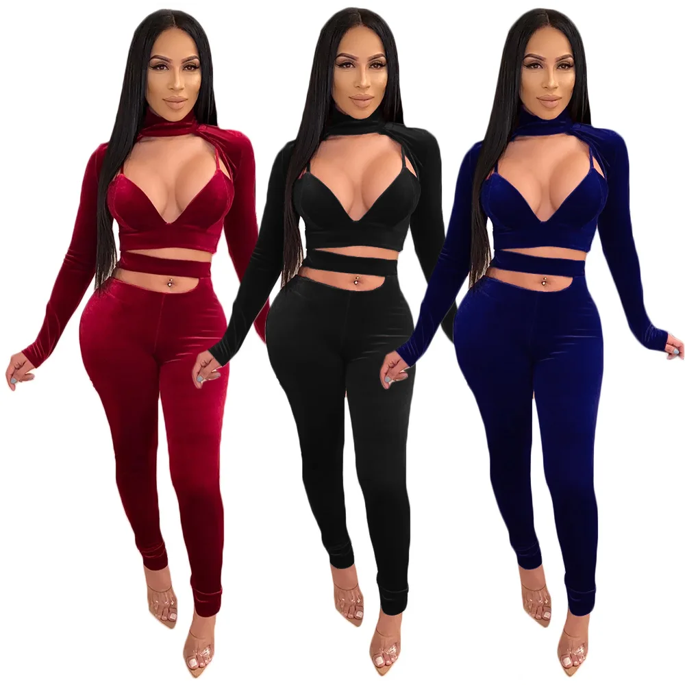 

Sexy Cut Out Velvet 2 Pieces Set Club Outfits Deep V Neck Crop Top with Back Zipper and Elastic Waist Pants Winter Clothes 2021