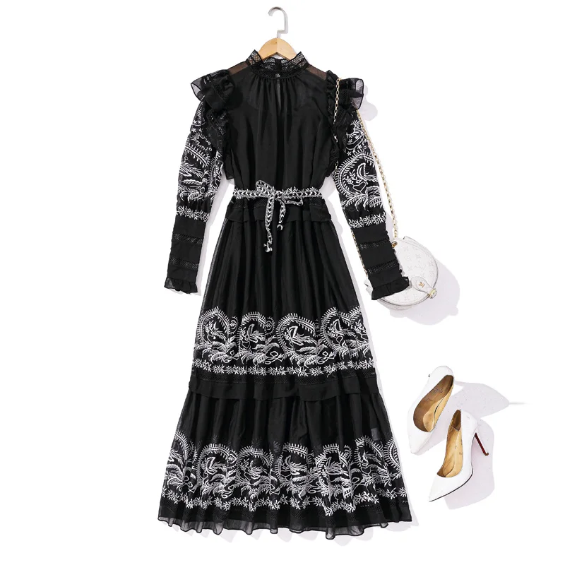 

Runway Designer Maxi Long Dress Spring New Women'S Elegant Fashion Party Exquisite Embroidery Net Yarn Vintage Style Dresses