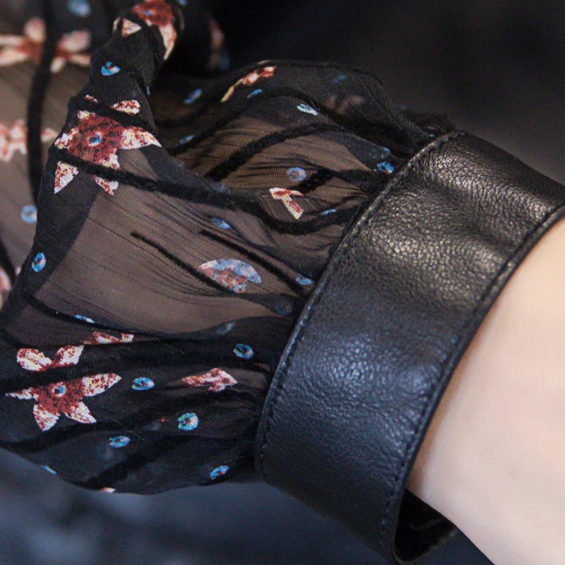 

Steetwear Female Loose Real Sheep Leather Chiffon Spliced Sheepskin Women Solid Black Long Sleeve Flower Printed Fashion Blouse