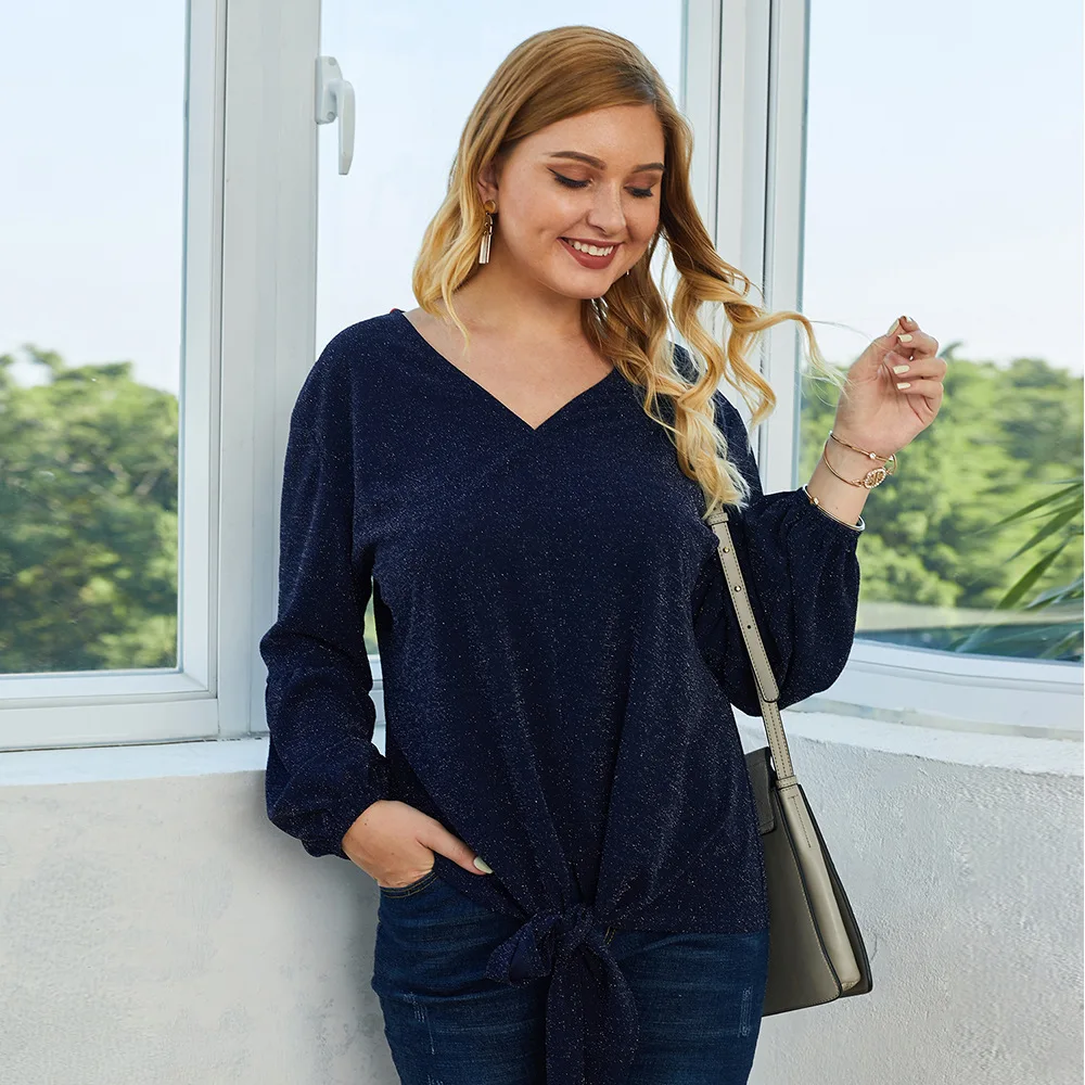 2021 new spring autumn plus size tops for women large long sleeve casual loose knitting V neck T-shirt dark blue 4XL 5XL 6XL 7XL | Женская