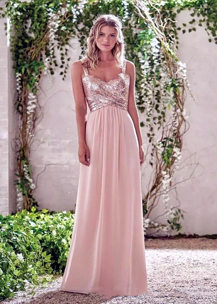 

Gold Sequined Bridesmaid Dresses Long Chiffon Halter A Line Straps Ruffles Blush Pink Maid Of Honor Wedding Guest Dress