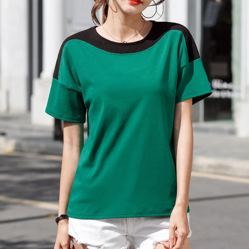 

OUMENGKA Summer Patchwork Cotton T-Shirt Women Loose Tops o-neck match basic harajuku tshirt camisetas verano mujer 2021