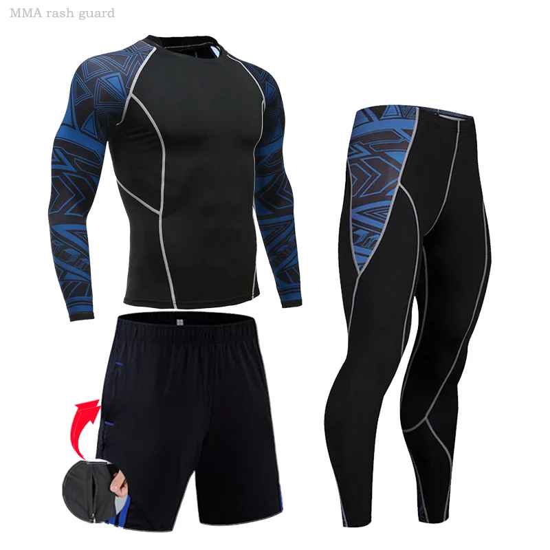 2-3 pc set Men's Fitness Clothing Long-sleeved T-shirt Gym Leggings Compression Sportswear MMA leggings rash guard Kit Tracksuit