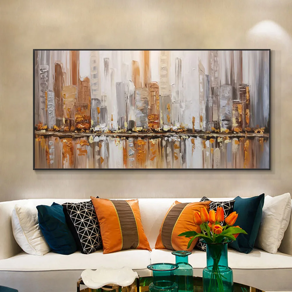 

Картина маслом большого размера 100% ручная роспись, современная абстрактная городская искусственная живопись на холсте, декор для гостиной,...