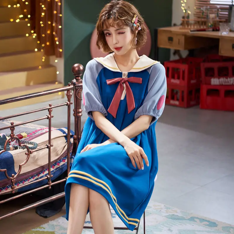 Summer Nightdress Pajamas Women's Summer Cotton High Grade Short Sleeve Long Over The Knee Cotton Home Clothes