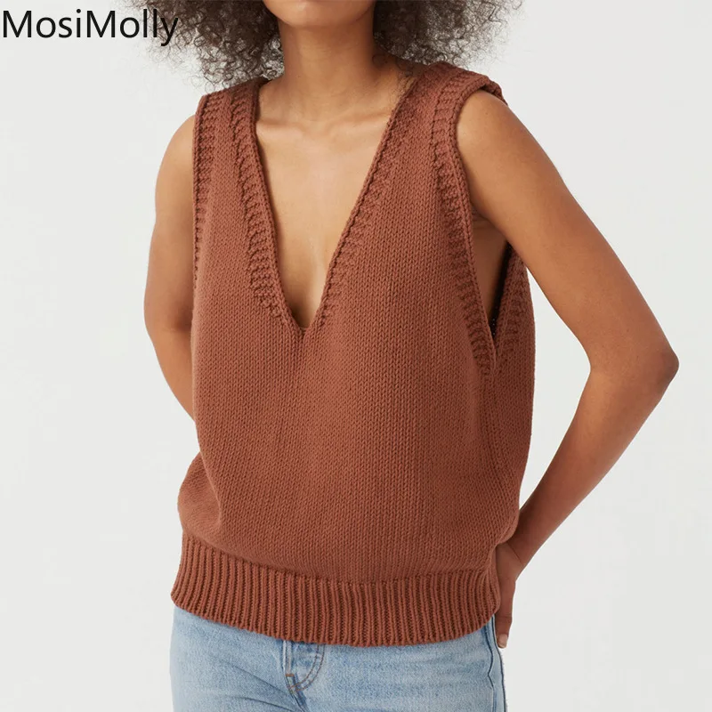 

MosiMolly Women Sweater Vest 2021 A/W Women V Neck Sleeveless Vest Knit Jumper Sleeveless Vest Loose Sweater Vest