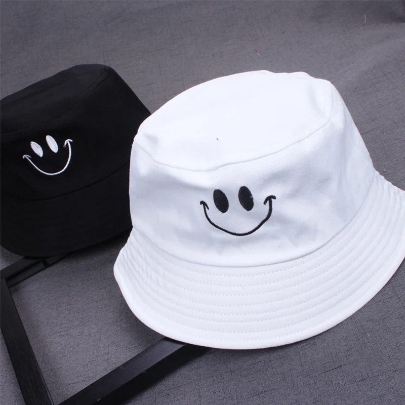 

1PC Women Smile Face Embroidery Bucket Hat Outdoor Fishing Sunscreen Bucket Hat