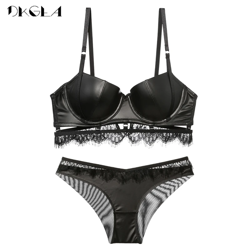 

Fashion Glossy Cortex Lingerie Black Lace Brassiere Women Thick Sexy Underwear Set Brand High Quality Push Up Bra Panties Set