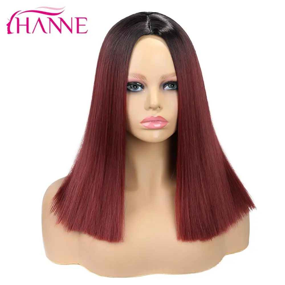 

HANNE Ombre Wine red/Pink/Gray Straight Middle Length Synthetic Wigs Heat Resistant Hair For Black/White Women Cosplay Or Party