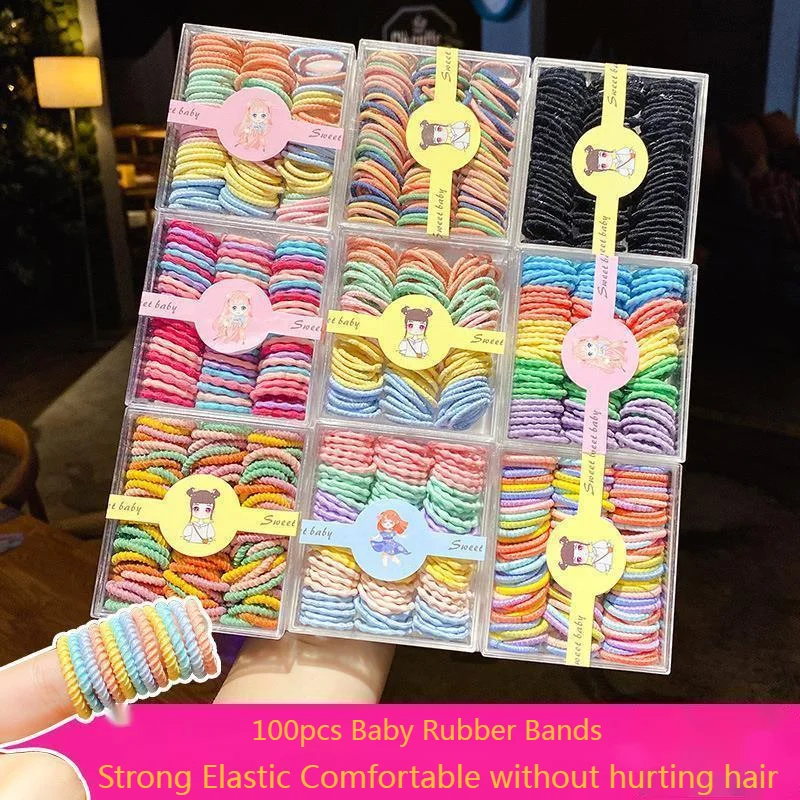 100 шт./коробка, бесшовные эластичные резинки для волос, для девочек, яркие цвета, резинки, маленькие размеры, кольца для волос, резинки для волос, для детей, новинка