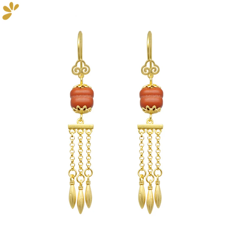 

Vintage Trendy 925 Sterling Silver Gold Plated Agate Drop Earrings For Women Dangle Tassels Earring Fine Jewelry Party Gift