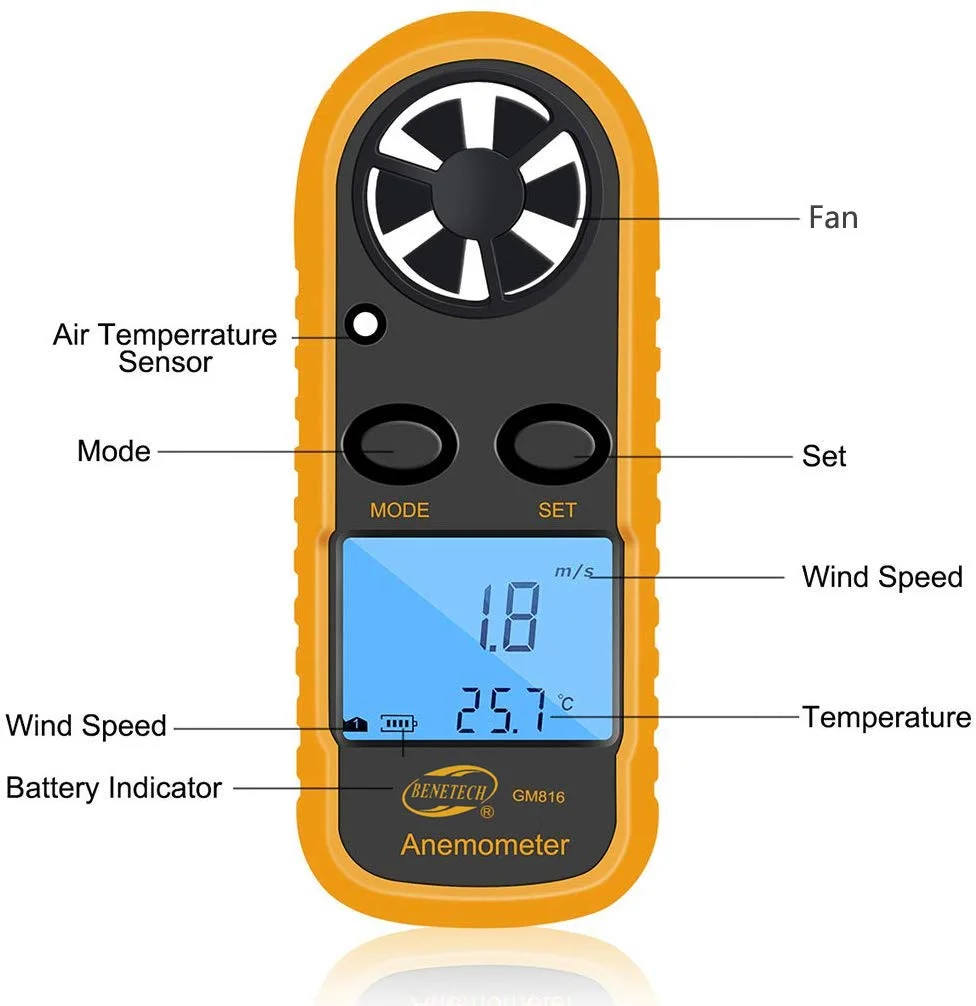 Benetech GM816 Анемометр Портативный цифровой LCD воздушного потока Windmeter термометр