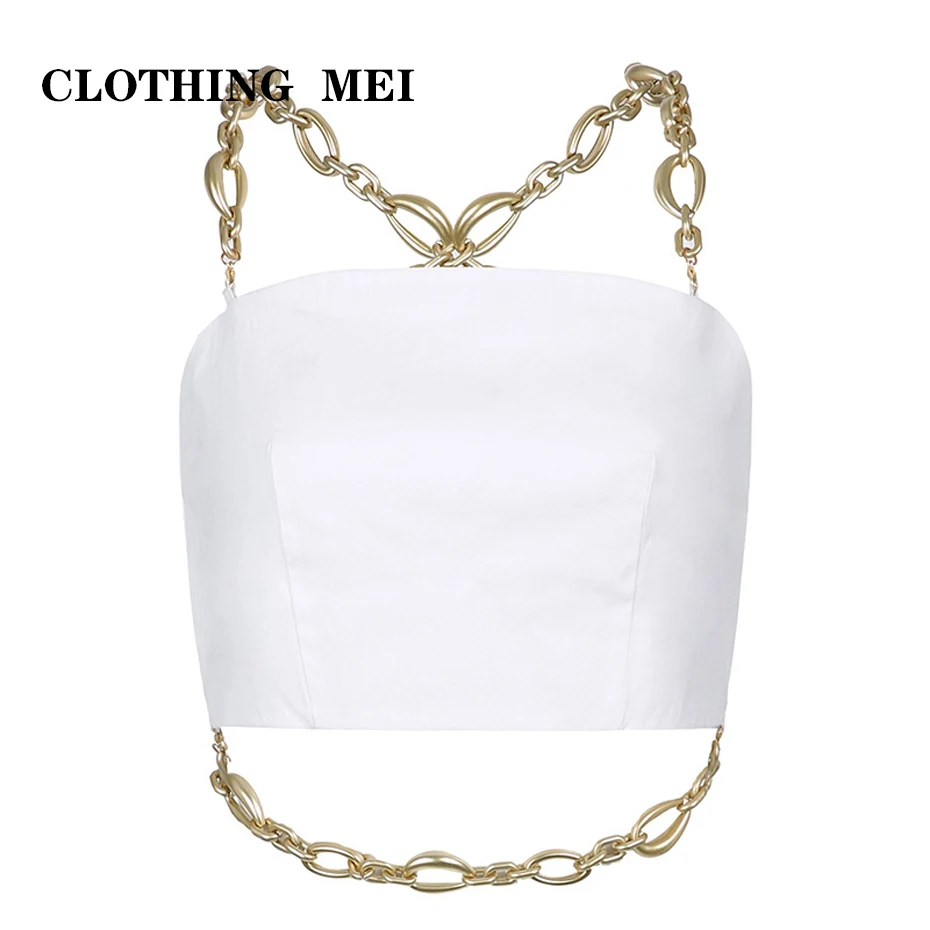 

Женский укороченный топ на бретельках, белый укороченный топ с цепочкой, с завязкой на шее, летняя одежда, жилет