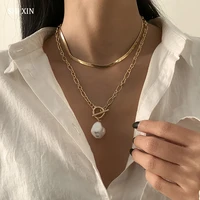 shixin 2 pcsset snake chain choker necklace women fashion chain with baroque pearl pendant necklace 2021 jewelry for neck gifts