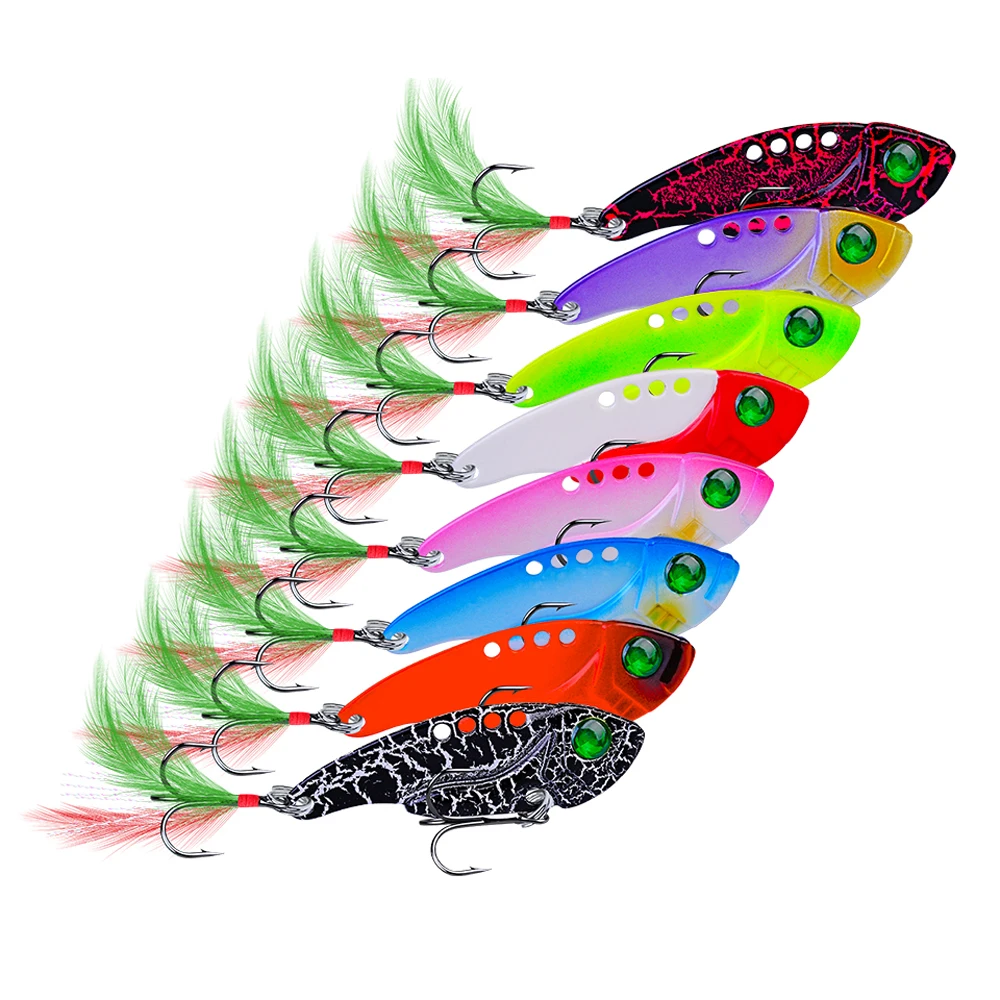 

1pcs Artificial Bait 5.5cm/11g Metal VIB Spoon Hard Sequin Fishing Lures with Feather Hook Jigging Fishing Tackle