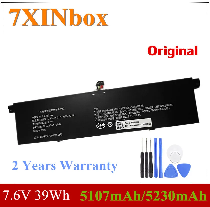 7XINbox 7,6 V 39Wh 5107 мА-ч/5230 мА/ч, R13B01W R13B02W ноутбук Батарея для Xiaomi Mi воздуха 13," планшет серии