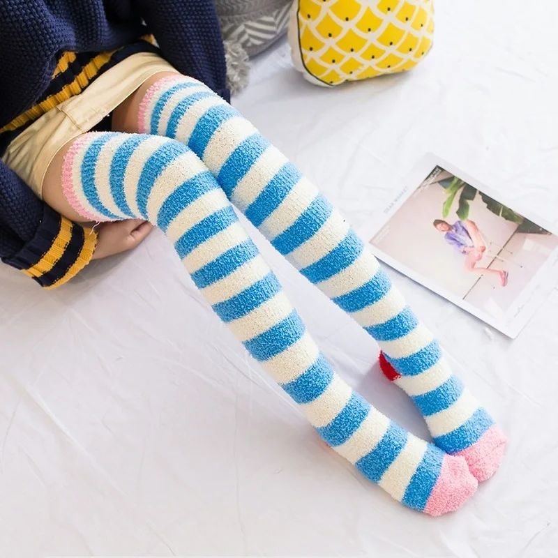 

Hot Sale Autumn and Winter Long Tube Coral Fleece Ladies Over-knee Thigh Socks Thickened Warm Candy Color Cute Striped Students