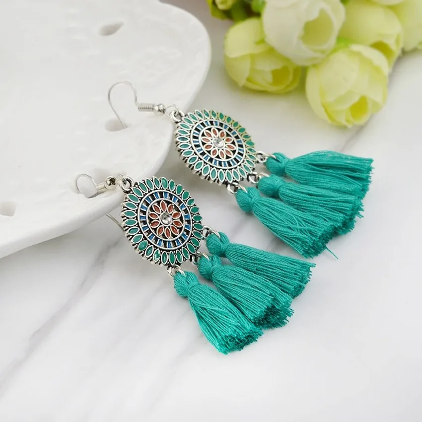 

European and American Fashion Creative New Earrings Retro Colorful Sunflower Tassel Earrings Earrings with Bohemian Style Studs