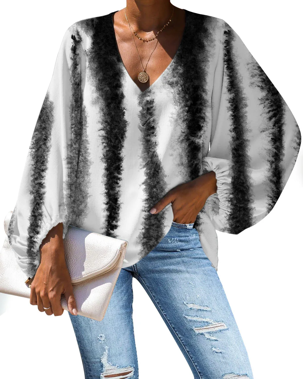 

NOISYDESIGNS Fashion Sexy Women Spring Blouses Tops Feather Printing V-neck Loose Sleeves Shirts Girls Party Clothes Ropa Mujer