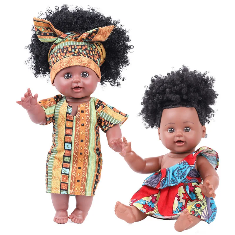 35 см Коричневая кожа Reborn Baby Doll мальчики девочки игрушки вьющиеся волосы Мягкий