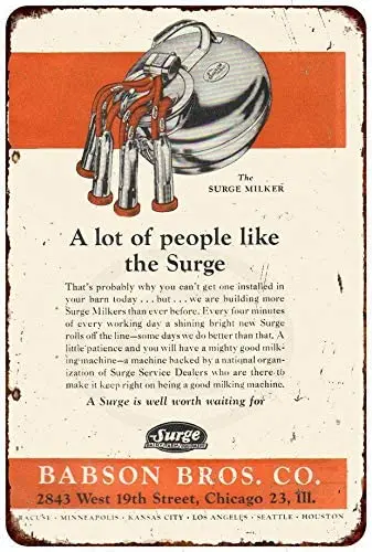 

Tin Sign 8 x 12 for Gym Barber Shop Bar Cafe Ranch Patio Wine Cellar Retro Wall Decor Babson Bros. Surge Milker Vintage