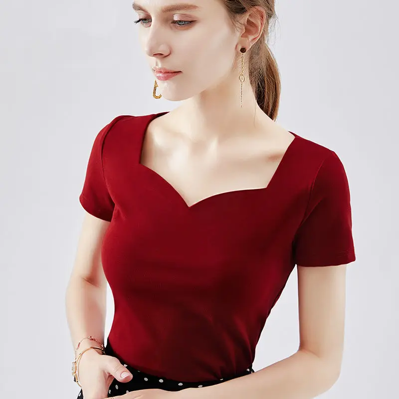 

Women's Spring Summer Style Cotton Blouse Shirt Ladies Solid Color Short Sleeve Sexy Square Collar Temperament Slim Tops Tshirts