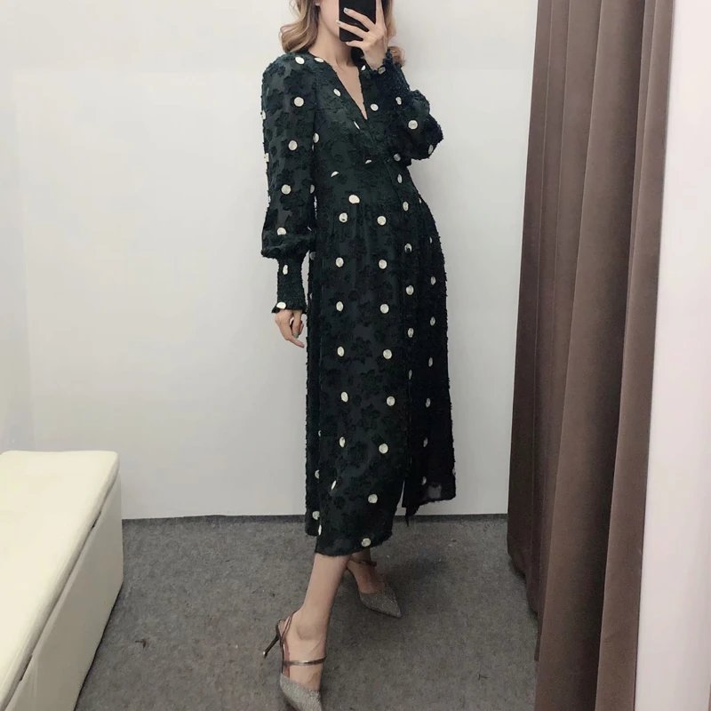 Осенне-зимнее сексуальное черное платье миди с v-образным вырезом для женщин