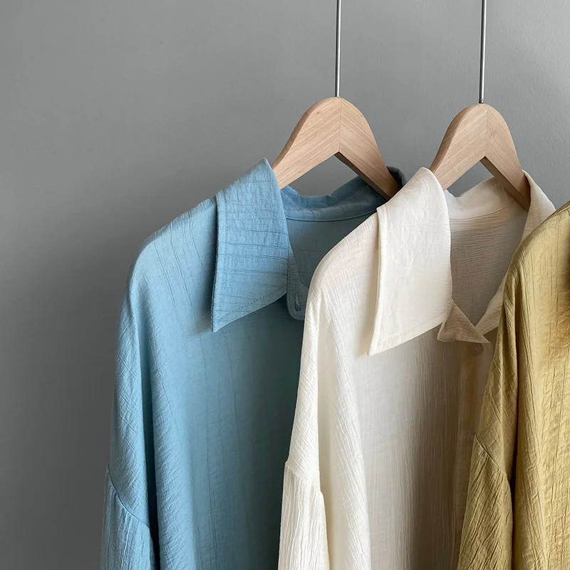 

Solid Color Pleated Texture Ribbon Button Up Shirt Female 2021 Autumn Korean Chic Splited Long Sleeve Shirt Shirts For Women