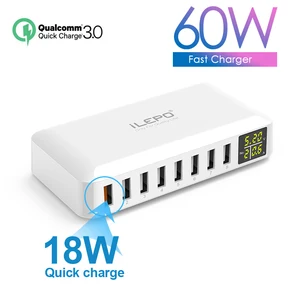 60w 8 port usb charger qc3 0 hub smart quick charge led display multi usb charging station mobile phone fast charger desktop free global shipping