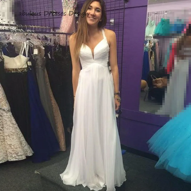 

Elegant White A Line Prom Dresses Women V Neck Halter Chiffon Long Evening Dress Wedding Party Gown 2020 Vestido De Festa