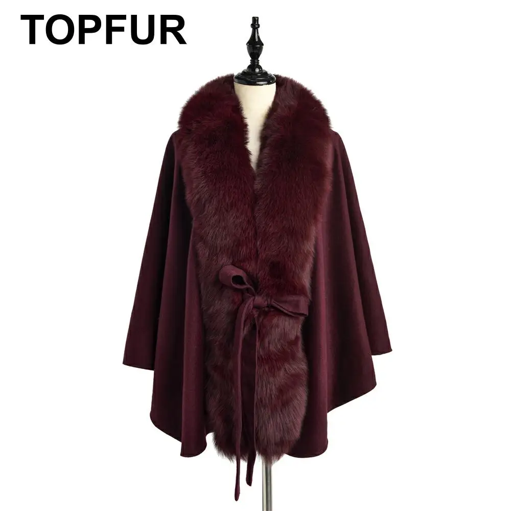 Женская зимняя накидка TOPFUR бордовая из натурального меха с V-образным вырезом и