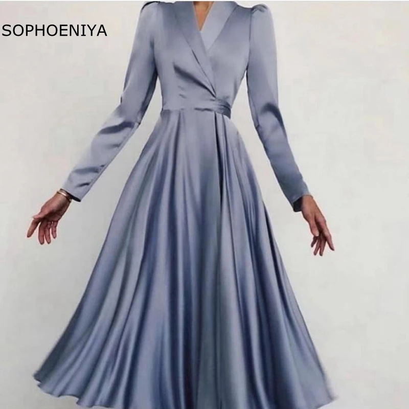 

New Arrival V Neck Long Sleeve Evening dress 2023 Satin Cheap Prom dresses for Women Party abaya dubai Vestidos de fiesta