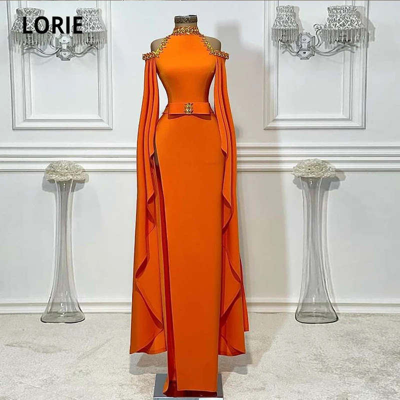 

LORIE New Arrival Orange Evening Dresses High Neck Beaded with Rhinestones Long Sleeves Mermaid Prom Party Celebrity Dress 2021