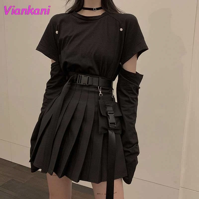 

Женская плиссированная мини-юбка, черная трапециевидная юбка с высокой талией и боковыми карманами в стиле панк, 2022