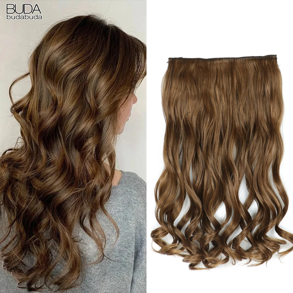 

Budabuda 22Inch Long Curly 5 Clips In Hair Extensions Natural Wavy Synthetic Hairpiece For White Women Ombre Brown Blonde Color