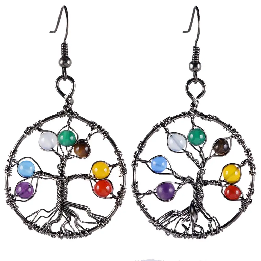 

TUMBEELLUWA Chakra Stone Beads Wrap Tree of Life Dangle Earrings for Women Copper Black Plated Handmade Reiki Jewelry