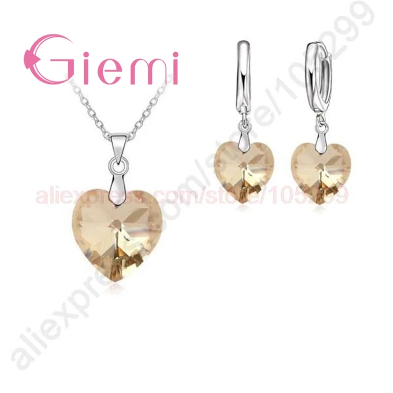 Champagne-Loop Authentic 925 Sterling Silver Jewelry Sets for Women Girls Gifts Austrian Crystal Heart Pendant Necklace Thread Earrings Chain - Окраска металла: Champagne-Loop
