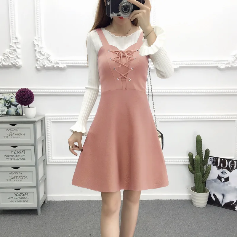 Vest skirt Pink Свободный свитер-Платье Повседневный весенне-осенний корейский длинный вязаный пуловер жилет v-образный вырез женский джемпер без рукавов Vestidos - Цвет: Vest skirt Pink