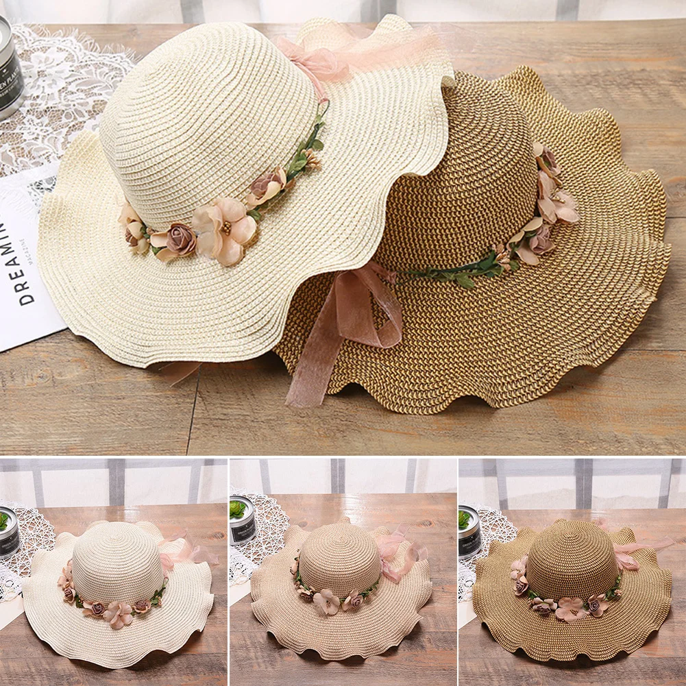 

Outdoor Sun Cap Sunscreen Women Hats Straw Flower Wave Side Beach Solid Fashion Multicolor Travel Wide Brim Summer Gift