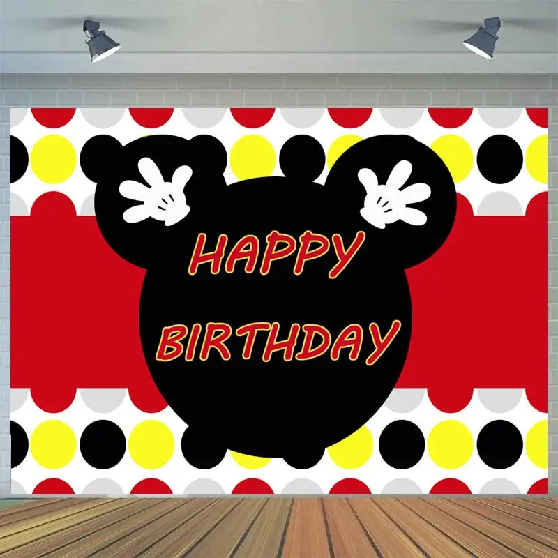 

Mouse Birthday Backdrop Cartoon Party Red Black Dots Banner Decor Kids Baby Shower Newborn Girl Princess Background Photocall